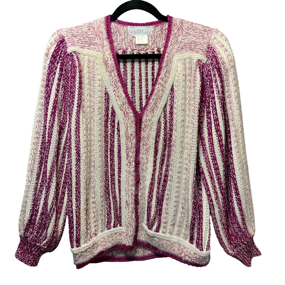 Vintage‎ Nannell Cardigan Sweater Angora Wool Pink Cream Embellished Striped M